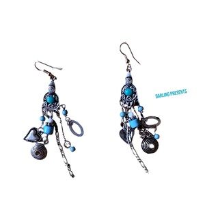 Turquoise Beaded Silver Dangle Earrings Women Color Blue & Silver